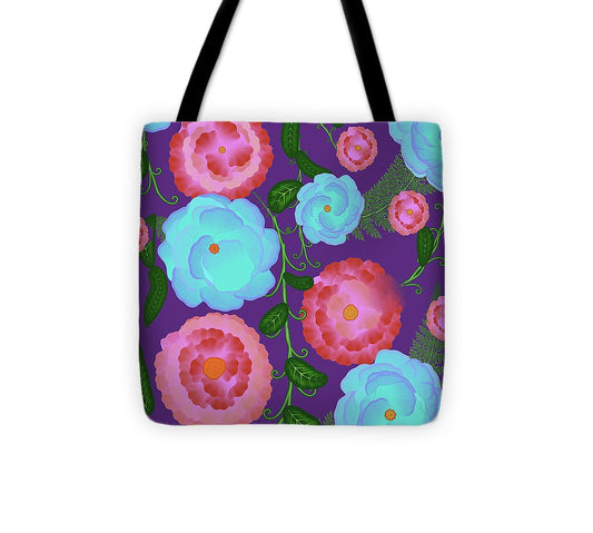 Pink and Blue Flowers On Purple - Tote Bag