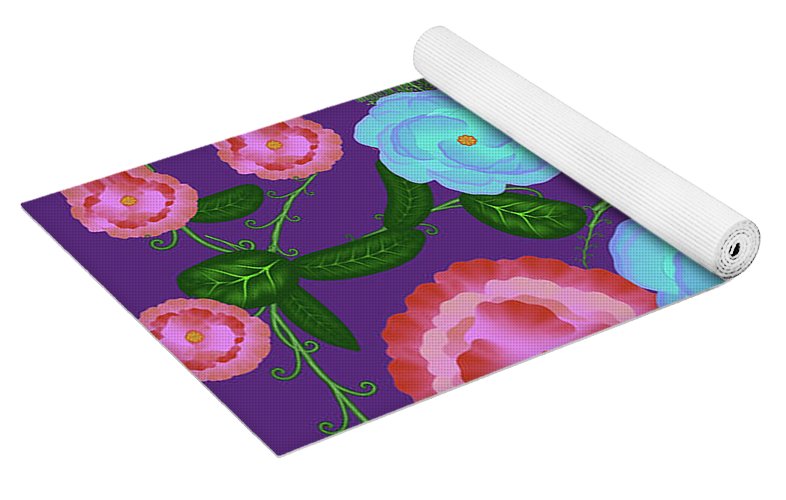 Pink and Blue Flowers On Purple - Yoga Mat