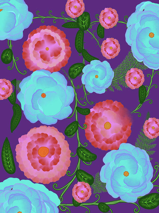 Pink and Blue Flowers On Purple - Art Print