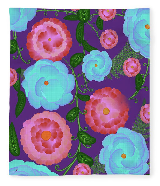 Pink and Blue Flowers On Purple - Blanket
