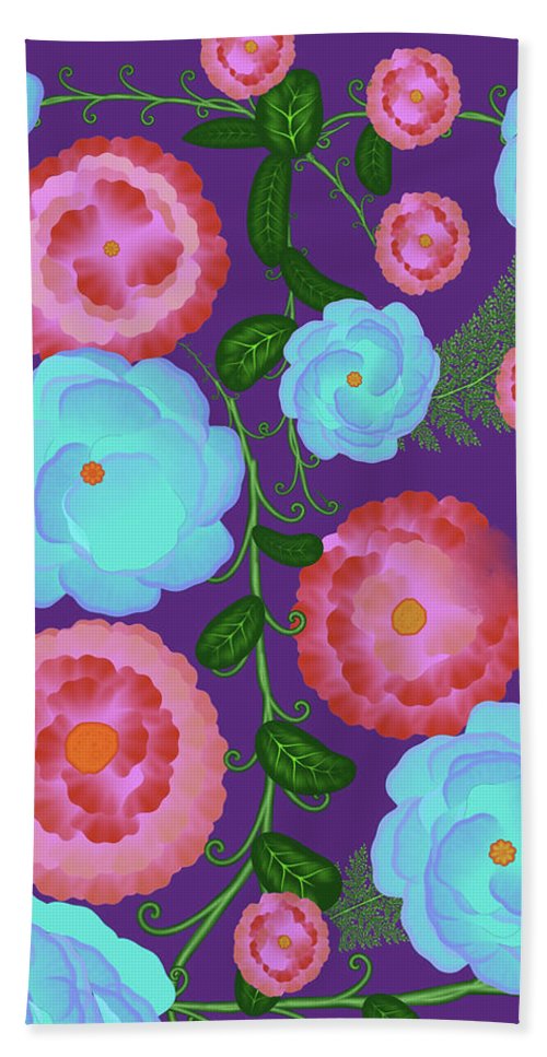 Pink and Blue Flowers On Purple - Beach Towel