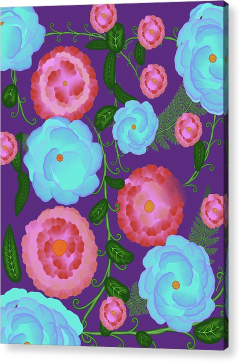 Pink and Blue Flowers On Purple - Acrylic Print