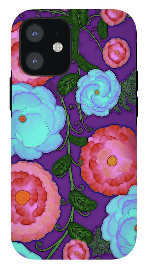 Pink and Blue Flowers On Purple - Phone Case