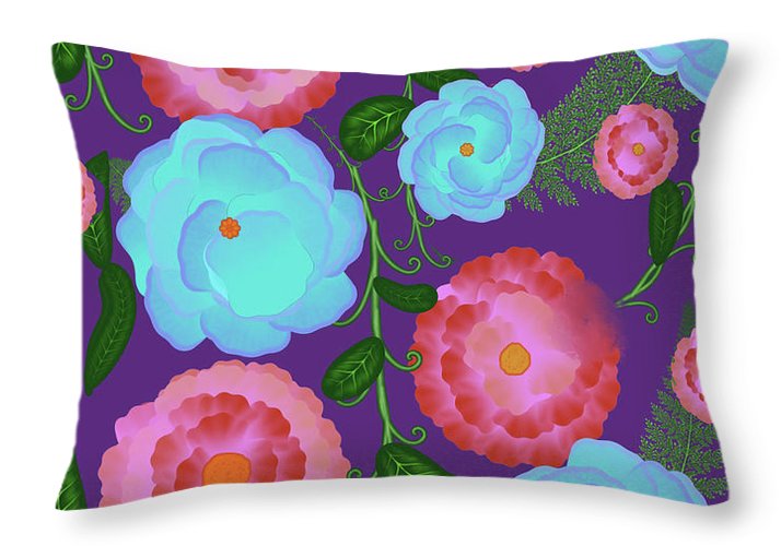 Pink and Blue Flowers On Purple - Throw Pillow