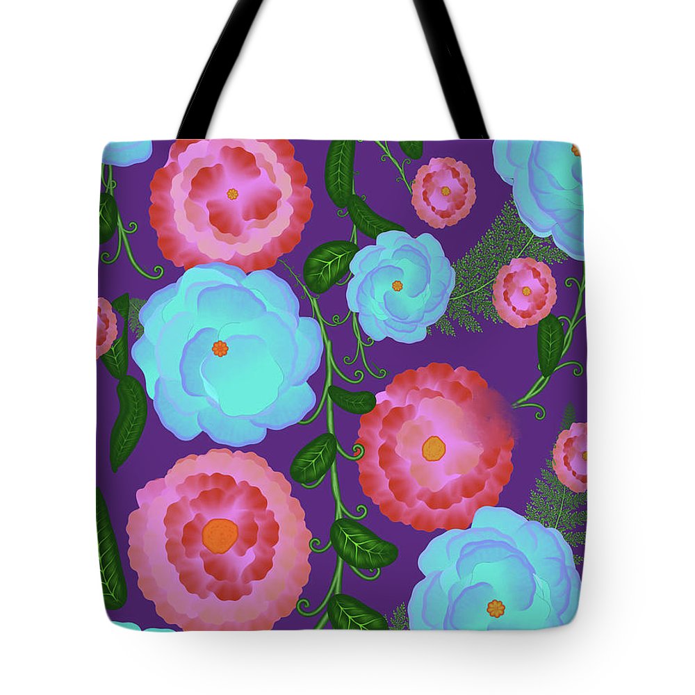 Pink and Blue Flowers On Purple - Tote Bag