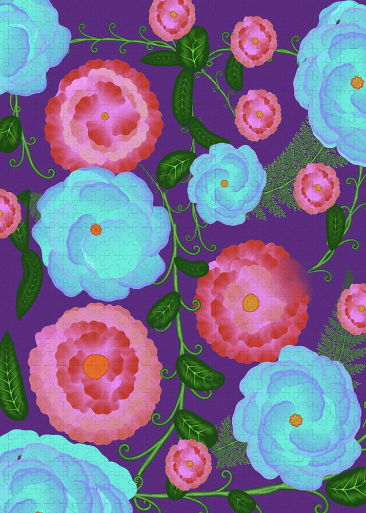 Pink and Blue Flowers On Purple - Puzzle