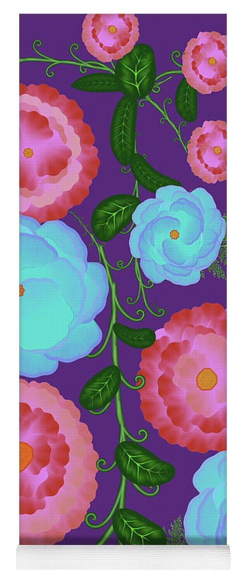 Pink and Blue Flowers On Purple - Yoga Mat