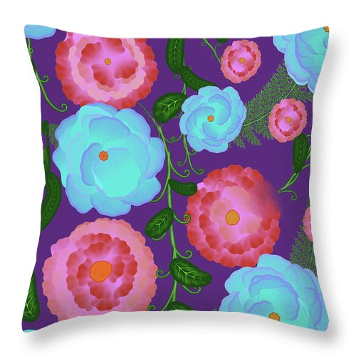 Pink and Blue Flowers On Purple - Throw Pillow