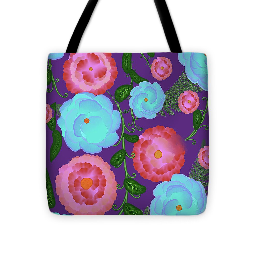 Pink and Blue Flowers On Purple - Tote Bag