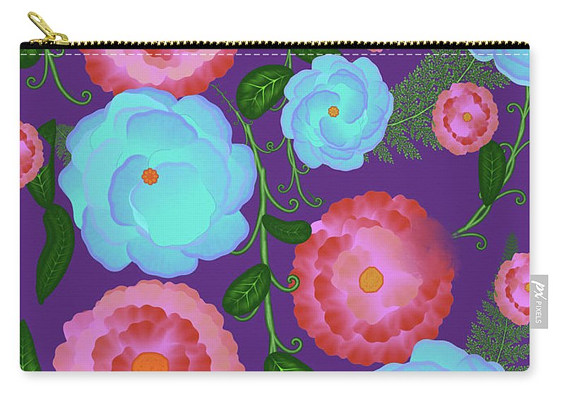 Pink and Blue Flowers On Purple - Carry-All Pouch