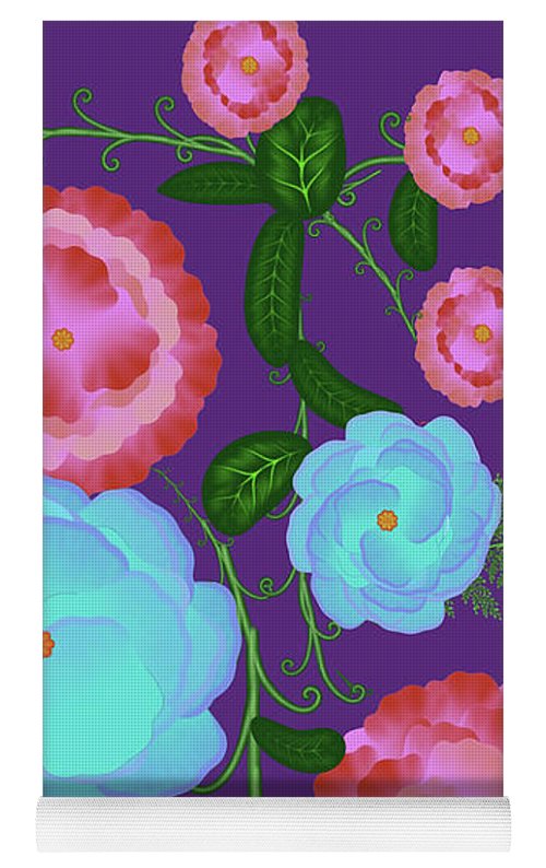 Pink and Blue Flowers On Purple - Yoga Mat