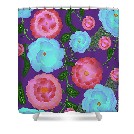 Pink and Blue Flowers On Purple - Shower Curtain