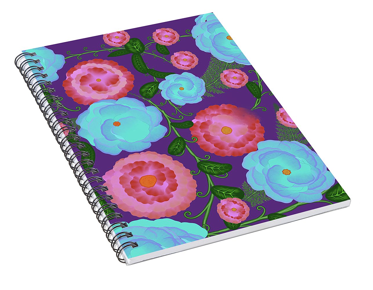 Pink and Blue Flowers On Purple - Spiral Notebook