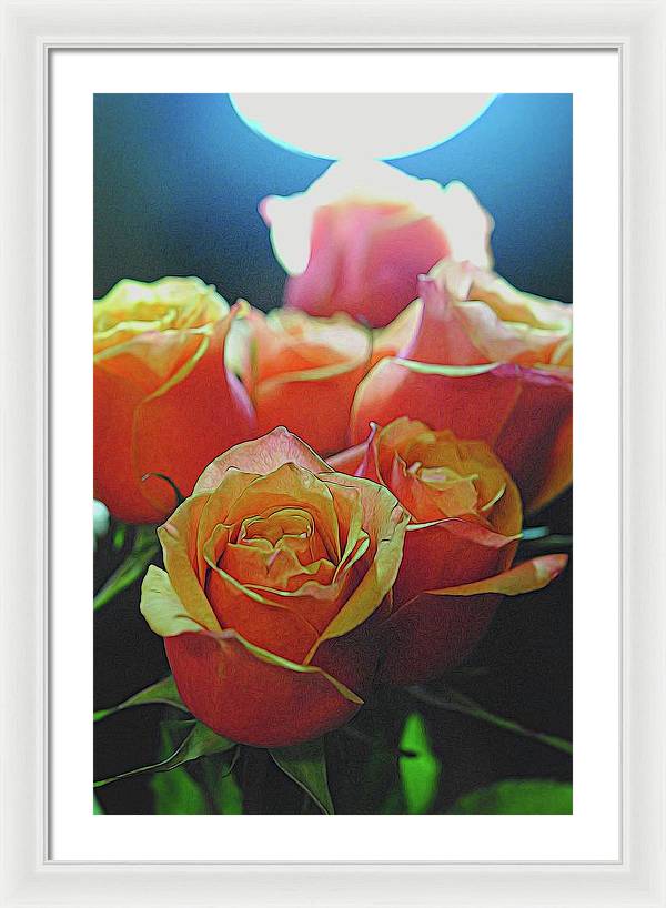 Pinki and Orange Rose Bouquet With Light - Framed Print