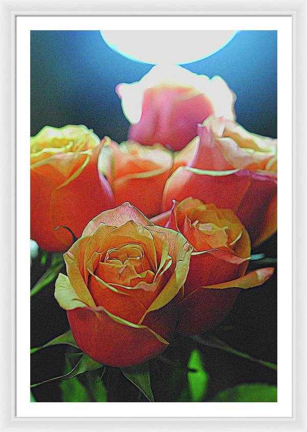 Pinki and Orange Rose Bouquet With Light - Framed Print