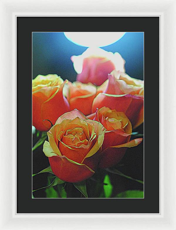 Pinki and Orange Rose Bouquet With Light - Framed Print