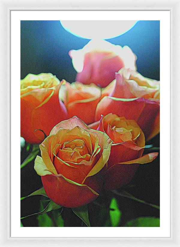 Pinki and Orange Rose Bouquet With Light - Framed Print