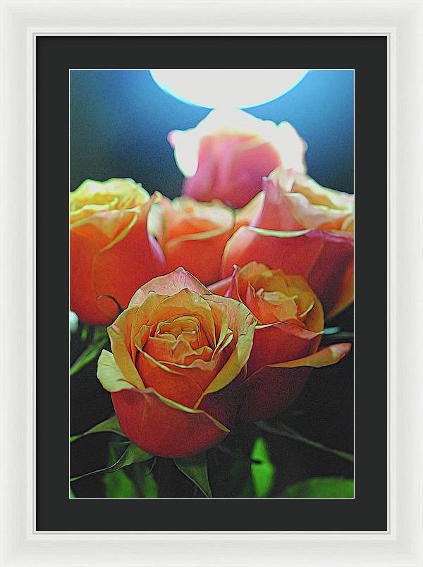 Pinki and Orange Rose Bouquet With Light - Framed Print