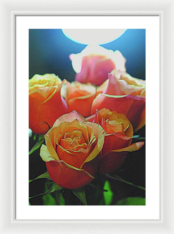 Pinki and Orange Rose Bouquet With Light - Framed Print