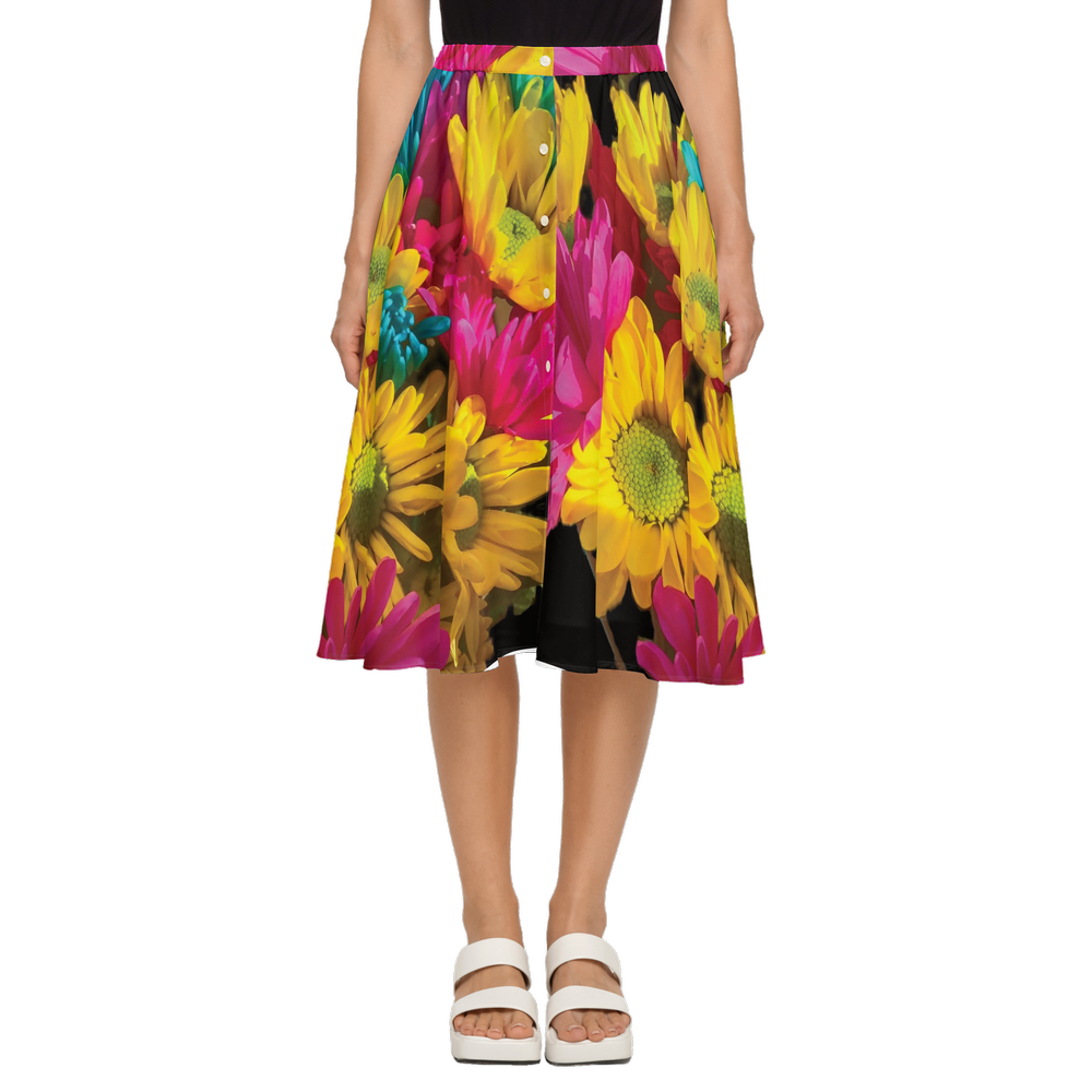 Bright Daisy Bouquet Women's Button Up Midi Skirt