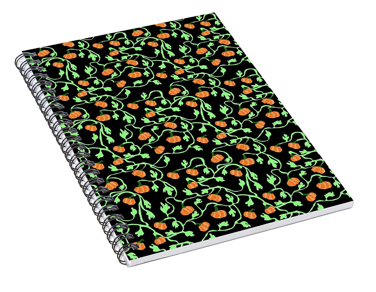 Pumpkins and Vines on Black - Spiral Notebook