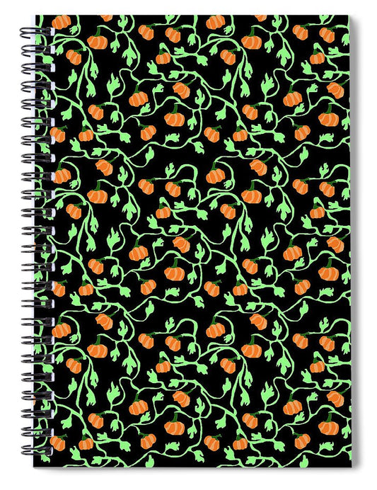 Pumpkins and Vines on Black - Spiral Notebook