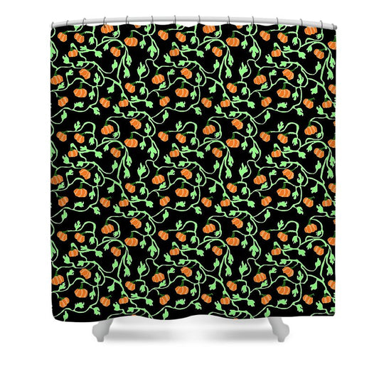 Pumpkins and Vines on Black - Shower Curtain