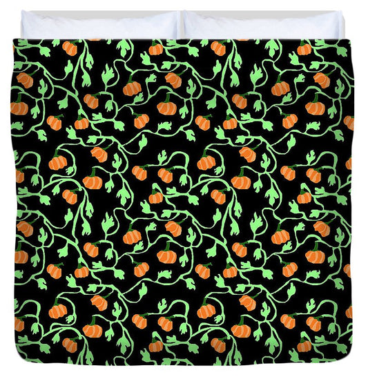 Pumpkins and Vines on Black - Duvet Cover