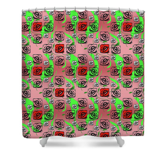 Red and White Roses Pattern On Pink - Shower Curtain