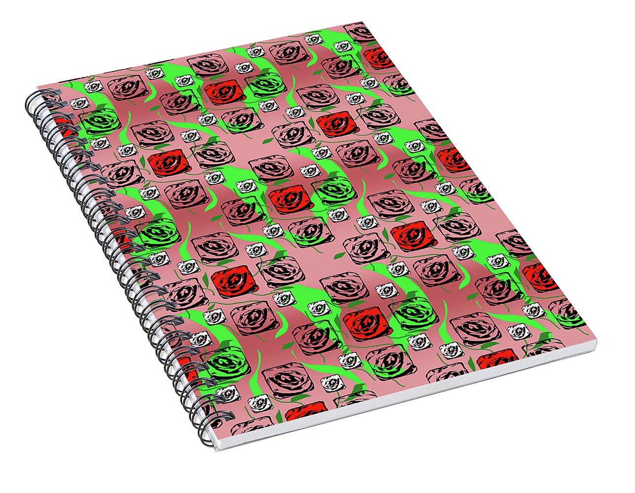 Red and White Roses Pattern On Pink - Spiral Notebook