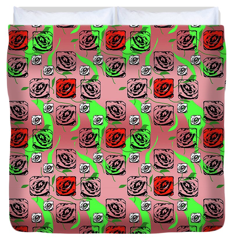 Red and White Roses Pattern On Pink - Duvet Cover