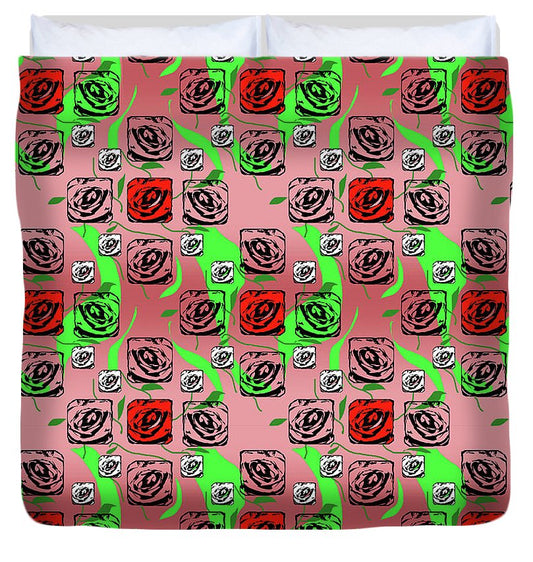 Red and White Roses Pattern On Pink - Duvet Cover