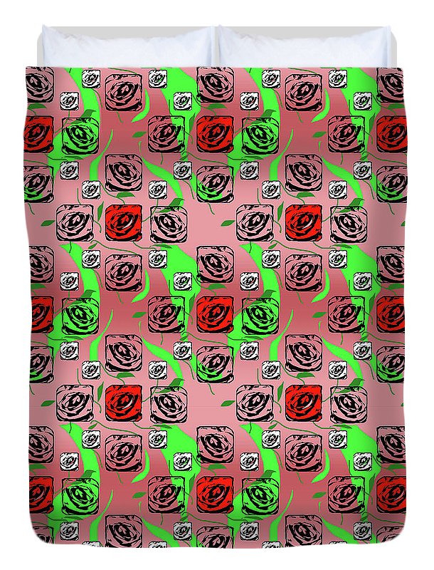 Red and White Roses Pattern On Pink - Duvet Cover