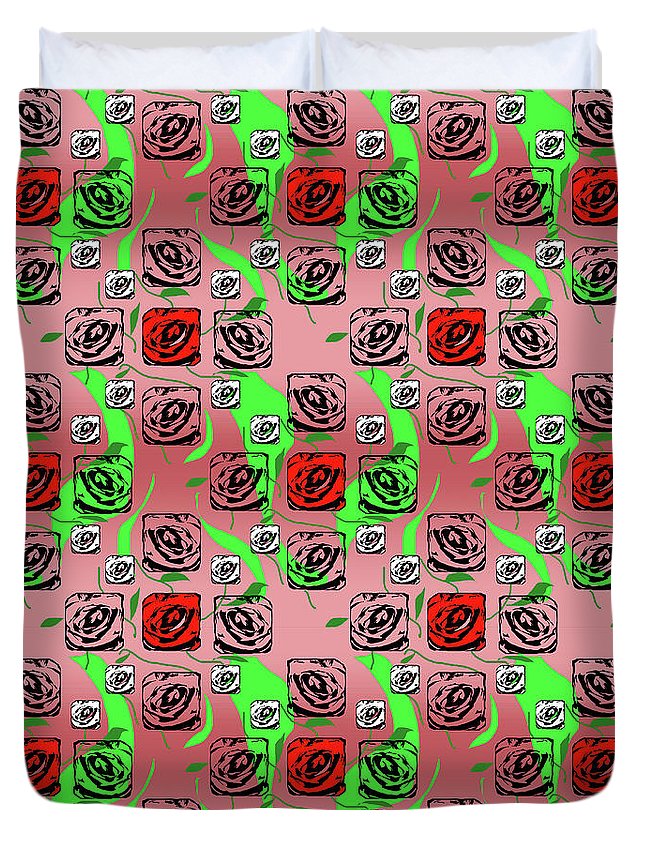 Red and White Roses Pattern On Pink - Duvet Cover