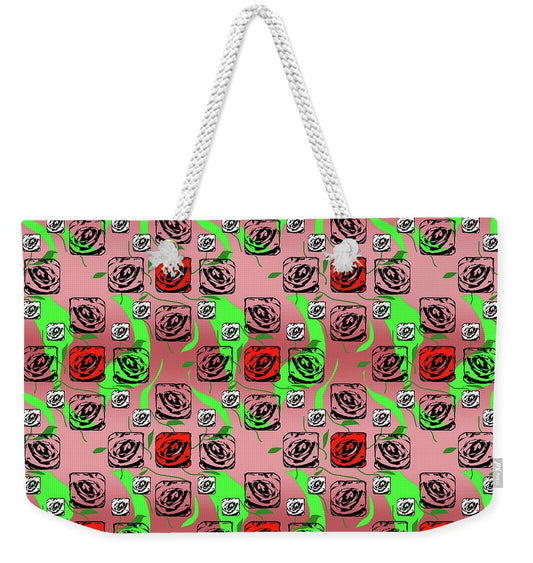 Red and White Roses Pattern On Pink - Weekender Tote Bag