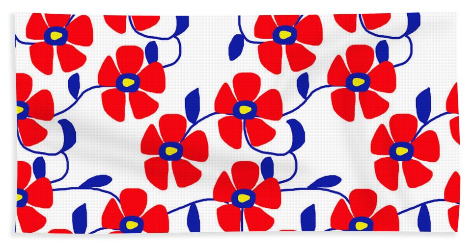 Red Flowers Blue Vines - Beach Towel
