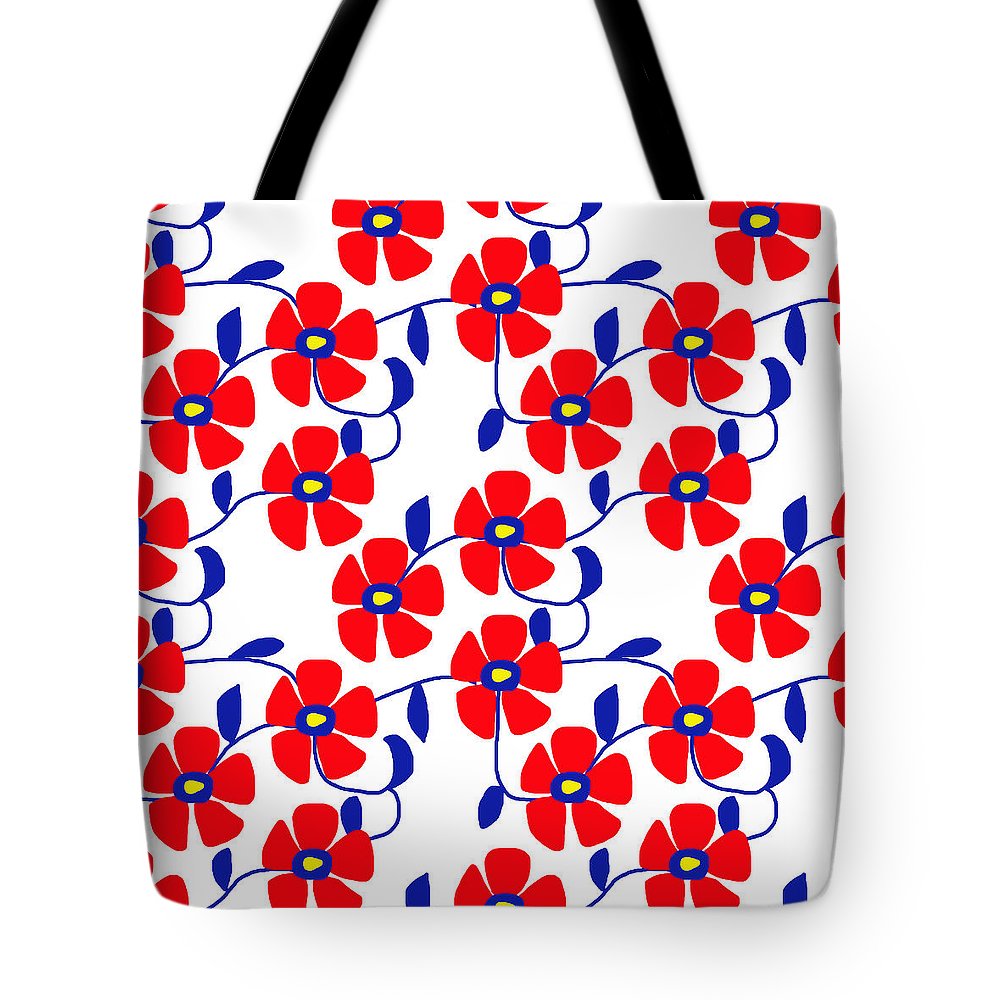 Red Flowers Blue Vines - Tote Bag
