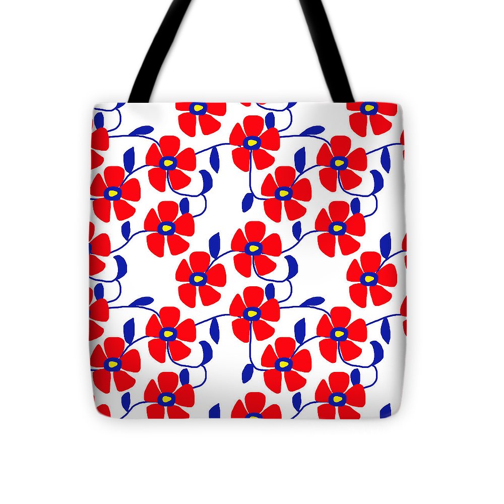 Red Flowers Blue Vines - Tote Bag