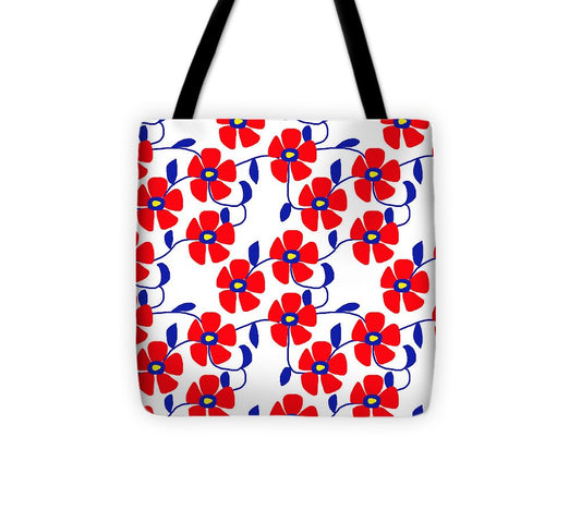 Red Flowers Blue Vines - Tote Bag