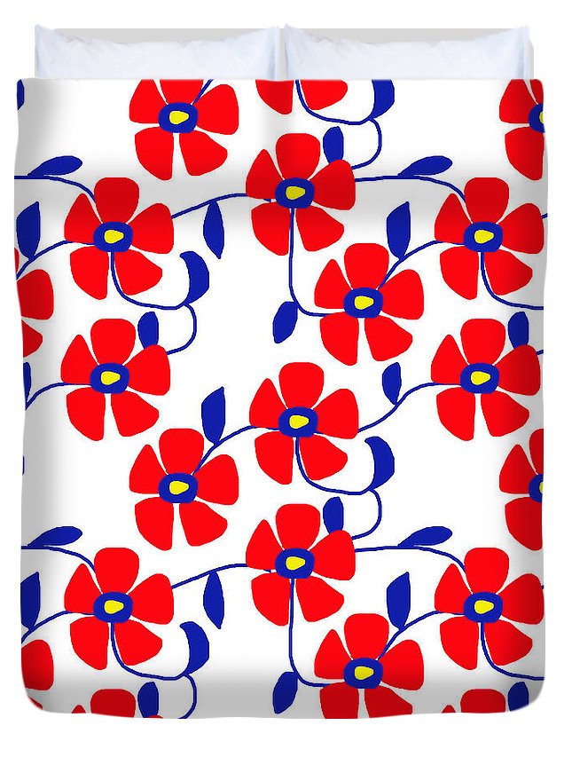 Red Flowers Blue Vines - Duvet Cover