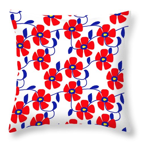 Red Flowers Blue Vines - Throw Pillow