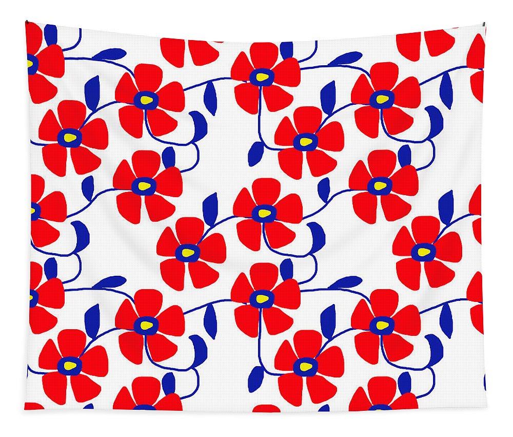 Red Flowers Blue Vines - Tapestry