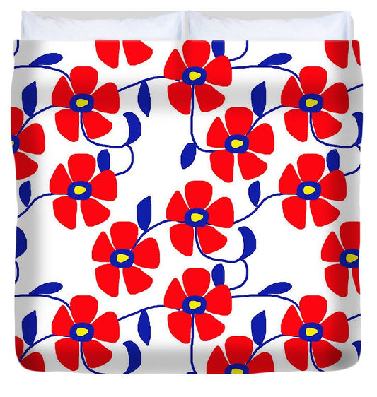 Red Flowers Blue Vines - Duvet Cover