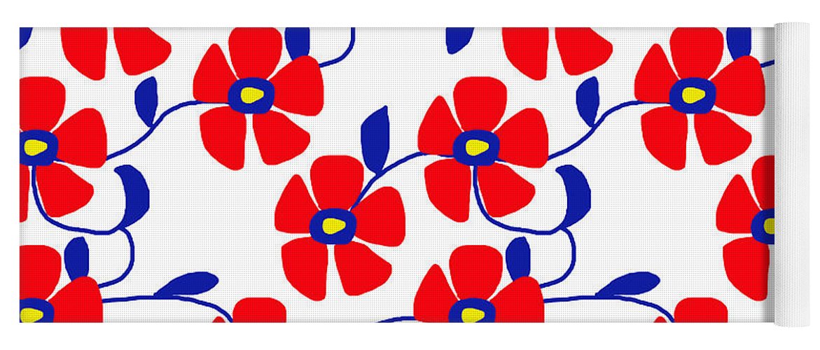 Red Flowers Blue Vines - Yoga Mat