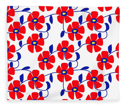 Red Flowers Blue Vines - Blanket