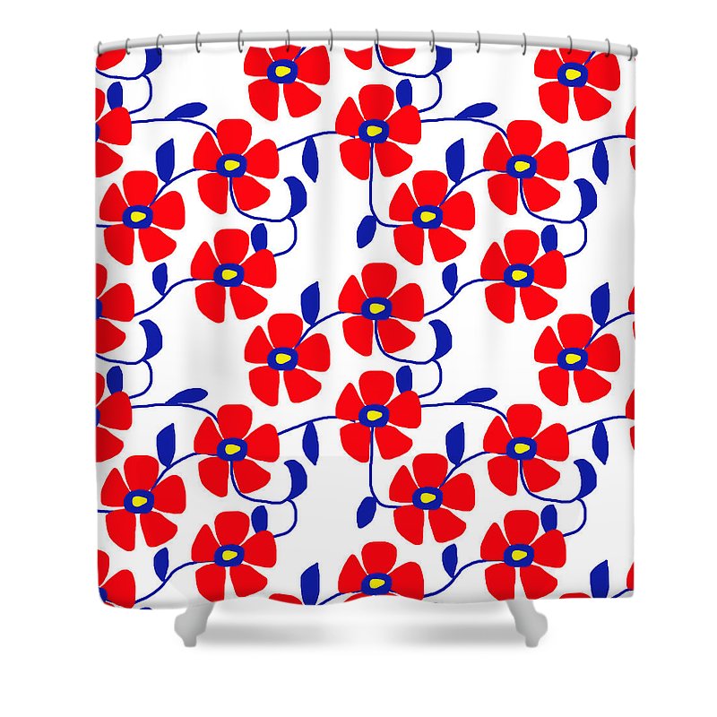 Red Flowers Blue Vines - Shower Curtain