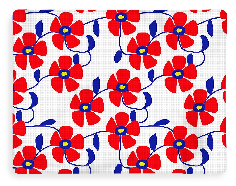 Red Flowers Blue Vines - Blanket