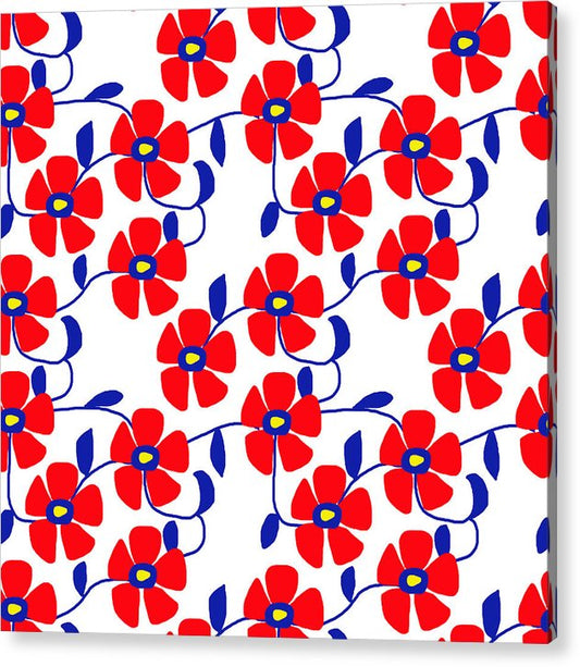 Red Flowers Blue Vines - Acrylic Print