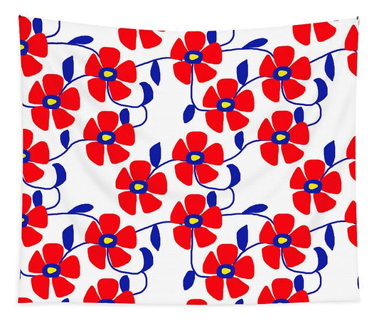 Red Flowers Blue Vines - Tapestry