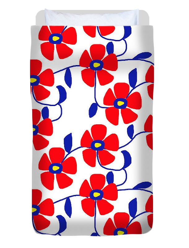 Red Flowers Blue Vines - Duvet Cover